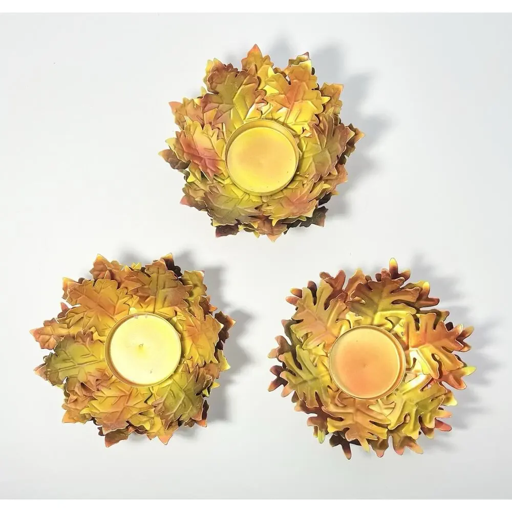 2015 Hobby Lobby 3 Fall Orange Yellow Tin Metal Leaf Votive Candle Holders 5.5”